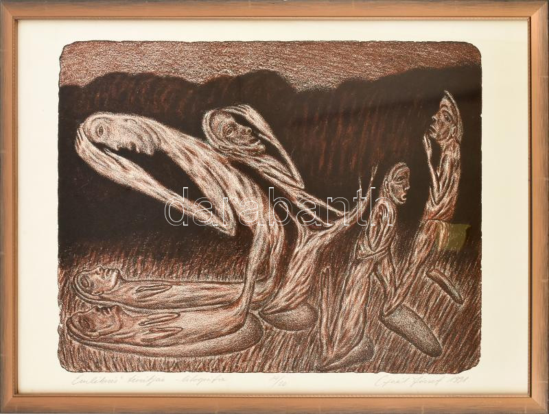 Gaál József (1960-): Emlékezés tévútjai, 1991. Litográfia, papír. Jelzett, számozott: 14/20. Üvegezett fakeretben. 43×54 cm / lithograph on paper, signed, numbered: 14/20, framed