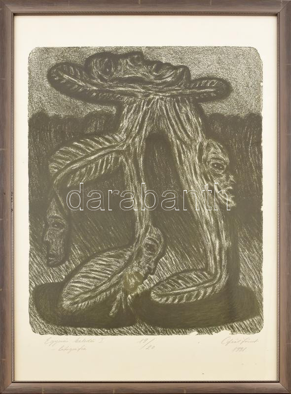 Gaál József (1960-): Egymás kalodái I, 1991. Litográfia, papír. Jelzett, számozott: 19/20. Üvegezett fakeretben. 54×43 cm / lithograph on paper, signed, numbered: 19/20, framed