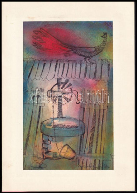 Macskássy Izolda (1945-2021): Páva a kerítésen. Vegyes technika, papír, jelzett. Paszpartuban. 33x14 cm