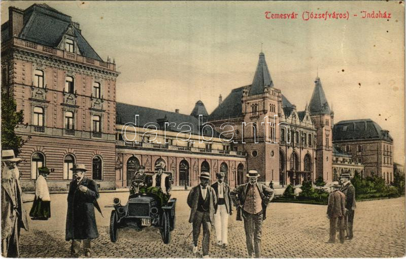 Temesvár, Timisoara; Józsefváros, indóház, autó montázs / Iosefin, railway station, montage with automobile (Rb)