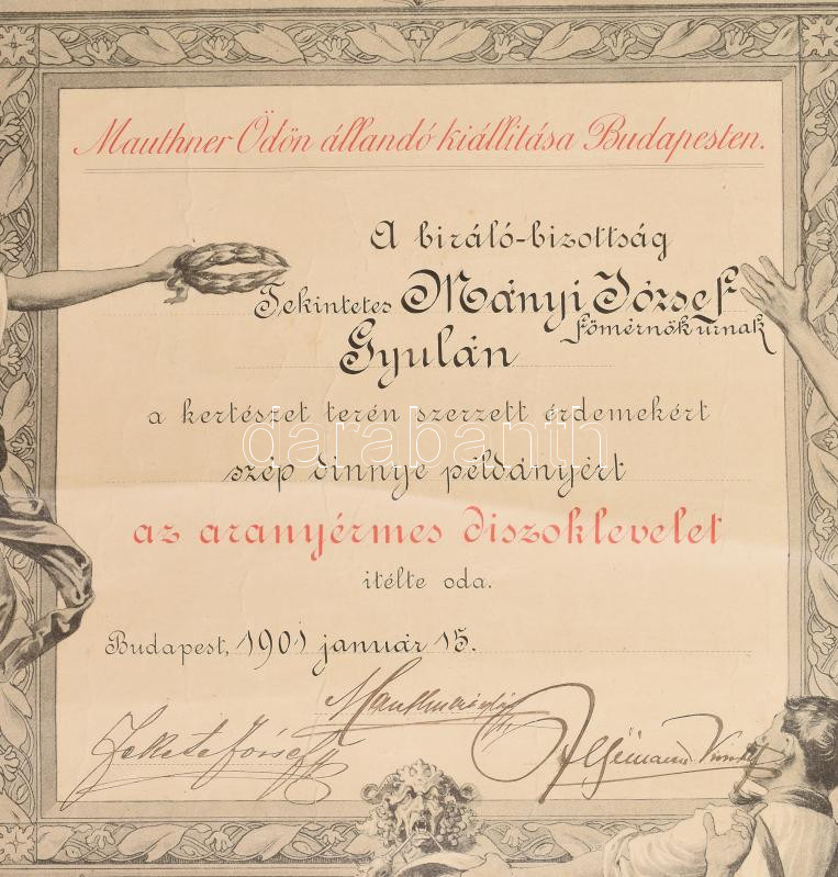 1901 Aranyérmes oklevél kertészet terén elért eredményért Mauthner Ödön állandó kiállításán Budapesten, felcsavarva, gyűrődésekkel - Image 2