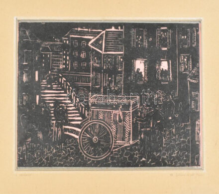 Böhm Lipót (1916-1995): Verklis. Linómetszet, papír, jelzett, sérült. 25×35 cm. Paszpartuban.