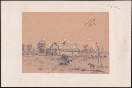 Gy. Halász jelzéssel, XIX. sz. vége: Jászberényi tanya. Ceruza, papír. Kétoldalas mű, hátoldalán tájképpel, Papírra ragasztva. 12x17 cm