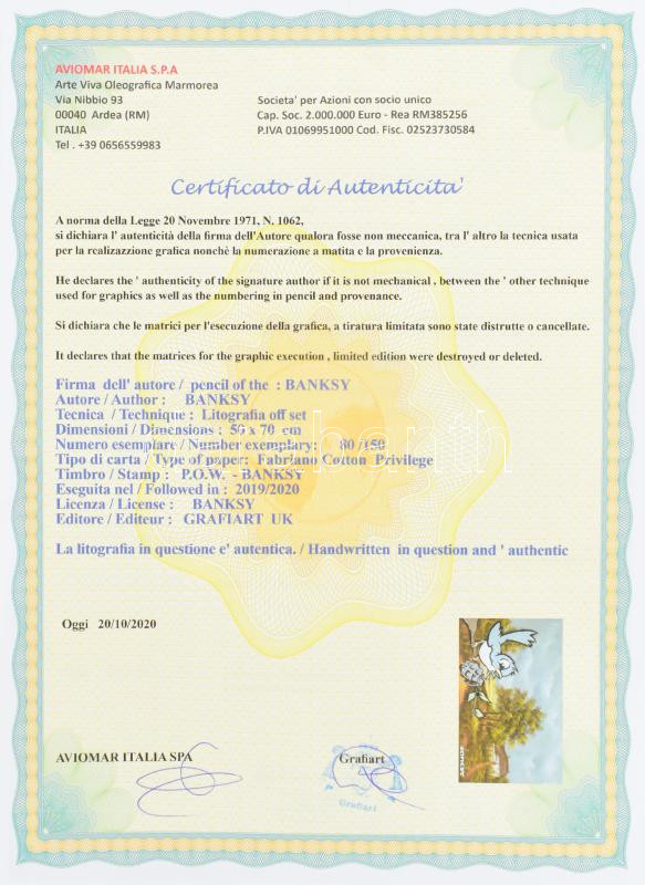 Banksy:. Ofszet litográfia, papír, jelzett a nyomaton, 'POW Printmaking' szárazpecséttel Grafiart - Aviomar UK. tanúsítvánnyal Számozott: 80/150. Lapméret:70x50 cm, / Numbered, marked - Image 4