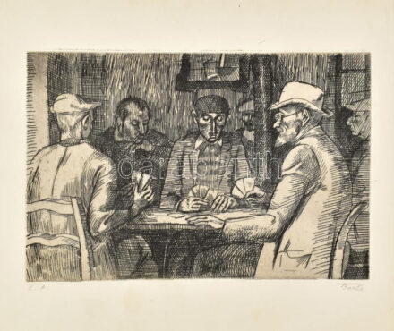 Barta jelzéssel: Kártyázók. Rézkarc, papír. 18x37 cm.