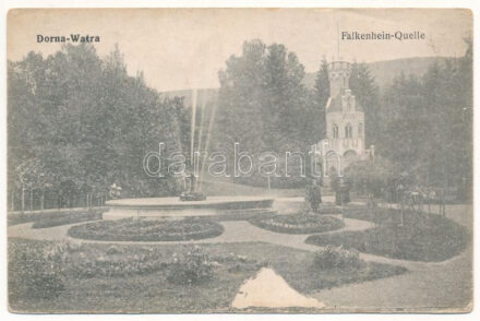 1917 Vatra Dornei, Dornavátra, Bad Dorna-Watra (Bukovina); Falkenhein-Quelle / Falkenhein-forrás, szökőkút. Eisig Schäfer kiadása / spa, spring source, fountan (ázott / wet damage)