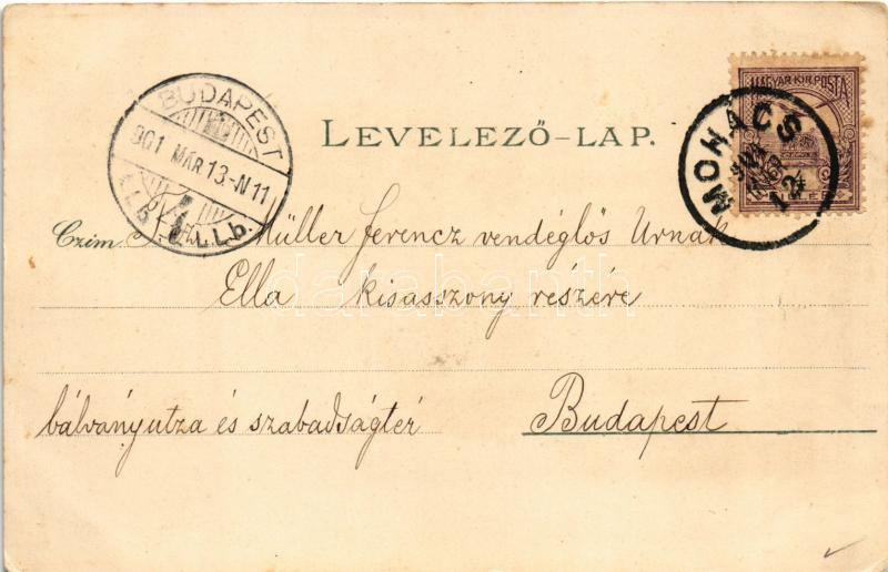 1901 Mohács, Rév, László kórház. Weiser Miksa kiadása. Art Nouveau, floral, litho (EK) - Image 2