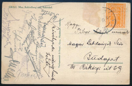 cca 1928 Az Újpest labdarúgó csapat tagjai által aláírt képeslap Grazból Milosovits Béla, Koszta Imre, Vértes, Wilhelm, stb aláírásával / Hungarian football players autograph signed postcard.