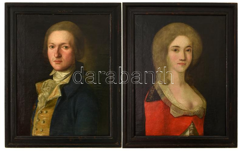 Ismeretlen festő, jelzés nélkül: Nemesi pár portréja. 2 db festmény. Olaj, vászon, restaurált, korabeli fekete fakeretben, 1780 körül, 55x42cm /A tétel a Gödöllői Királyi Kastélyban tekinthető meg. A megtekintéshez időpontot