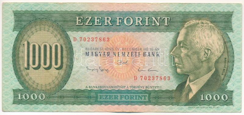 1993. 1000Ft 'D 70237863' T:F Hungary 1993. 1000 Forint 'D 70237863' C:F Adamo F47