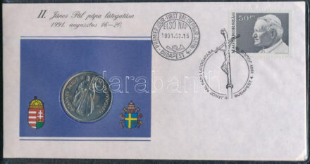 1991. 100Ft Cu-Ni 'II. János Pál pápa látogatása Magyarországon' érmés borítékban, első napi bélyegzéssel, műbőr dísztokban T:UNC