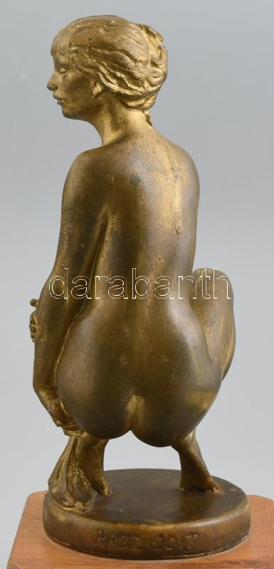 Rácz Edit (1936- ): Akt. Bronzírozott műanyag, képcsarnokos címkével, hibátlan, jelzett, m:23 cm - Image 3