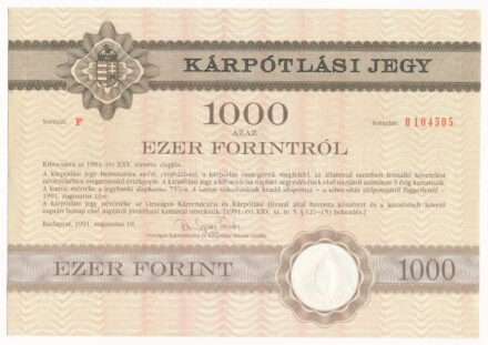 Budapest 1991. 'Országos Kárrendezési és Kárpótlási Hivatal' kárpótlási jegye 1000Ft-ról, 'F' sorozat T:AU