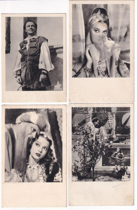 4 db RÉGI színészeket ábrázoló filmfotó a 'Gül Baba' című filmből, Stádium Rt. kiadásában / 4 pre-1945 postcards from Hungarian movie, with actors, actresses