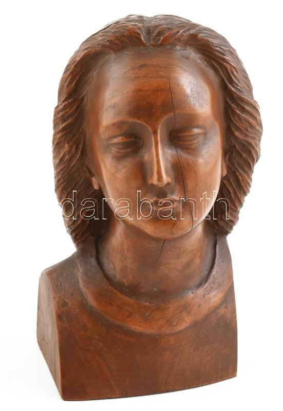 A. Nagel jelzéssel: Női büszt, faragott fa, kopásokkal, repedésekkel, m: 25 cm