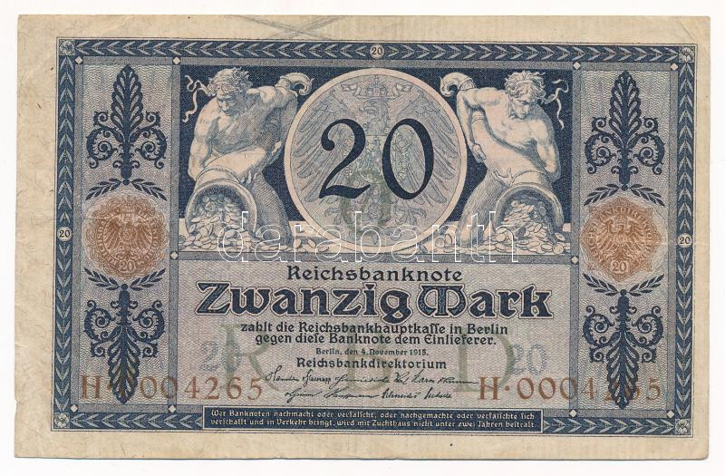 Német Birodalom 1915. 20M T:F German Empire 1915. 20 Mark C:F Krause P#63