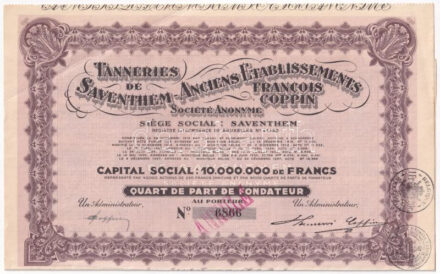 Belgium 1937. 'Zaventem Bőrgyár' 1/4 részvénye, szelvényekkel, bélyegzéssel T:XF Belgium 1937. Tanneries de Saventhem-Anciens Etablissement Francois Coppin' 1/4 bond with coupons and stamps C:XF