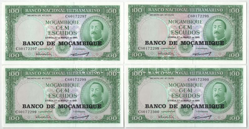 Mozambik 1961. 100E fekete 'BANCO DE MOCAMBIQUE' (4x) sorszámkövetők 'C60172297 - C60172300' T:I Mozambique 1961. 100 Escudos with black 'BANCO DE MOCAMBIQUE' overprint (4x) conescutive serials 'C60172297 - C60172300' C:UNC Krause 117.a