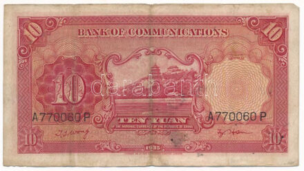 Kína 1935. 10Y 'Bank of Communications' 'A 770060 P' T:F folt China 1935. 10 Yuan 'Bank of Communications' 'A 770060 P' C:F spot Krause P#155
