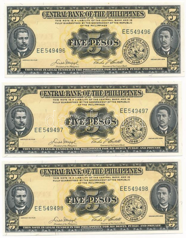 Fülöp-szigetek 1949-1969. 5P (3x) sorszámkövetők 'EE 549496 - EE 549498' T:AU Philippines 1949-1969. 5 Pesos (3x) consecutive serials 'EE 549496 - EE 549498' C:AU Krause#135