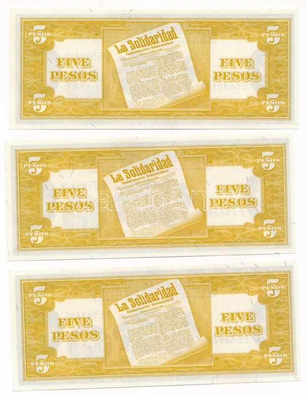 Fülöp-szigetek 1949-1969. 5P (3x) sorszámkövetők 'EE 549496 - EE 549498' T:AU Philippines 1949-1969. 5 Pesos (3x) consecutive serials 'EE 549496 - EE 549498' C:AU Krause#135 - Image 2