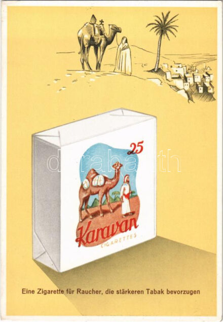 Eine Zigarette für Raucher, die stärkeren Tabak bevorzugen / Karaván cigaretta reklám / Hungarian cigarettes advertisement card (EK)