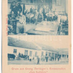 1902 Budapest III. Berlinger György vendéglője és korcsmája 'A kerékpárhoz' az Üröm hegyen, étterem belső. A. Sueti kiadása / Gruss aus Georg Berlinger's Restauration 'Zum Radfahrer'