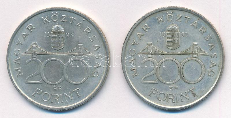 1993. 200Ft Ag 'MNB' (2x) T:AU,XF patina Adamo F13