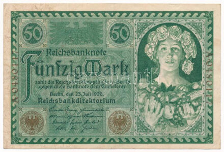 Németország / Weimari Köztársaság 1920. 50M 'A 0480117' T:F szép papír Germany / Weimar Republic 1920. 50 Mark 'A 0480117' C:f fine paper Krause P#68