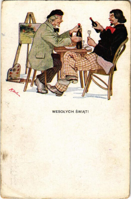 Wesolych swiat! / Christmas greeting, men drinking wine, Polish art postcard with artist signed (EK)