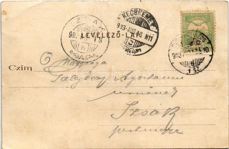 1903 Verőce, vasútállomás (vágányok felől földszintesnek látszik mert a vasút itt végig magas töltésen halad), gőzmozdony, vonat (EB) - Image 2
