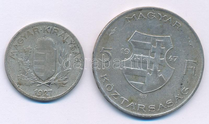 1927. 1P Ag + 1947. 5Ft Ag 'Kossuth' T:F patina Adamo P6, F8.1 - Image 2