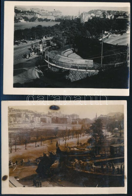 1935-1948 A Budapest, Déli pályaudvari mozdonyforgató az állomás Vérmező felőli részén és az 1948. szeptember 18-i vasúti katasztrófa, 2 db eredeti fotó, hátoldalt dátumozva, 9×12 cm