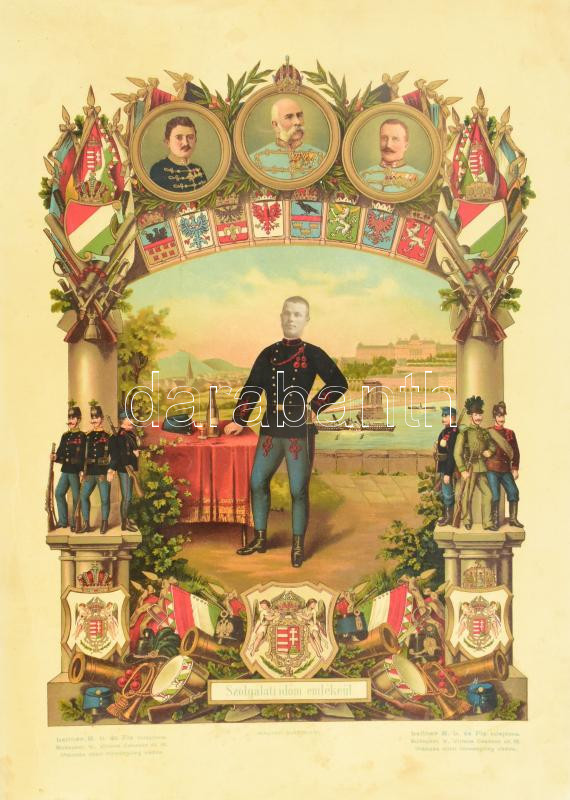 cca 1916 I. világháborús katonaemlék, litográfia budapesti látképes háttérrel, fényképpel, szélein hibákkal, 50×36 cm