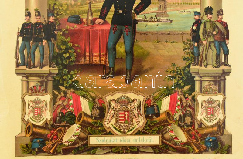 cca 1916 I. világháborús katonaemlék, litográfia budapesti látképes háttérrel, fényképpel, szélein hibákkal, 50×36 cm - Image 3
