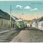 1915 Pécs, Szigeti országút, villamosok, Schutzer S. üzlete. Karpf Berta kiadása (kis szakadások / small tears)