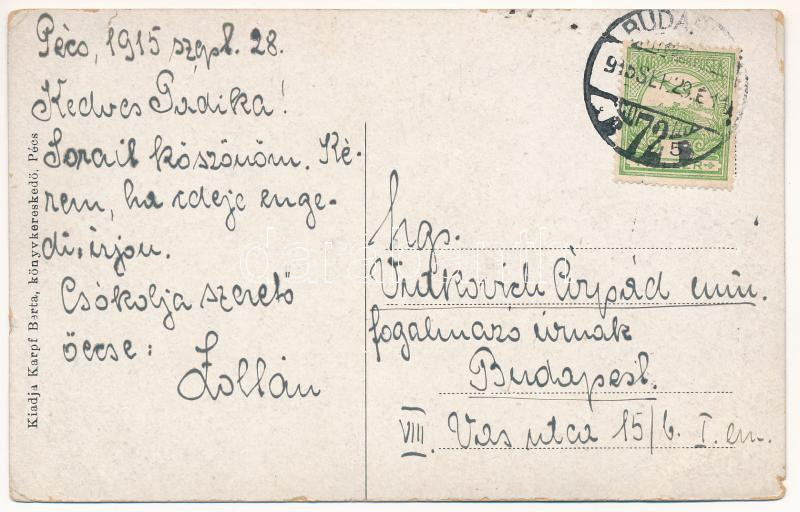 1915 Pécs, Szigeti országút, villamosok, Schutzer S. üzlete. Karpf Berta kiadása (kis szakadások / small tears) - Image 2