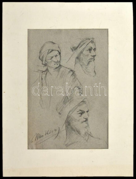 Munkácsy jelzéssel: Fejek. Ceruza, papír, paszpartuban. 28x19 cm