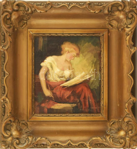 Krusnyák Károly (1889-1960): Olvasó hölgy. Olaj, karton. Jelzett. Dekoratív fakeretben. 20x16 cm