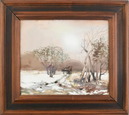 Csikós András (1947-2006): Téli alföld, 1989. Olaj, farost, jelezve jobbra lent, hátoldalán autográf felirattal, fakeretben, 25x30cm / oil on wood fibre, signed, with the painter's autograph description on the reverse, framed