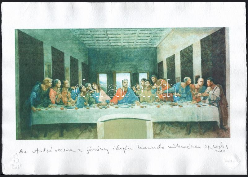 DrMáriás (Máriás Béla, 1966-): Az utolsó vacsora a járvány idején Leonardo műtermében, 2021. Computer print, merített papír, jelzett, számozott (2/4). Vincze Mill és Dr. Máriás szárazbélyegzőivel. 19×37 cm / Computer print on