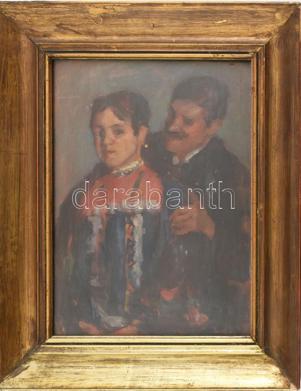 Kunffy Lajos (1869-1962): Szerelmespár. Olaj, fa, jelezve jobbra lent. Dekoratív, üvegezett, sérült fakeretben. 35×25 cm. Hátoldalán régi aukciós címkével (BÁV?). / oil on wood, signed. framed, with old auction label on the reverse