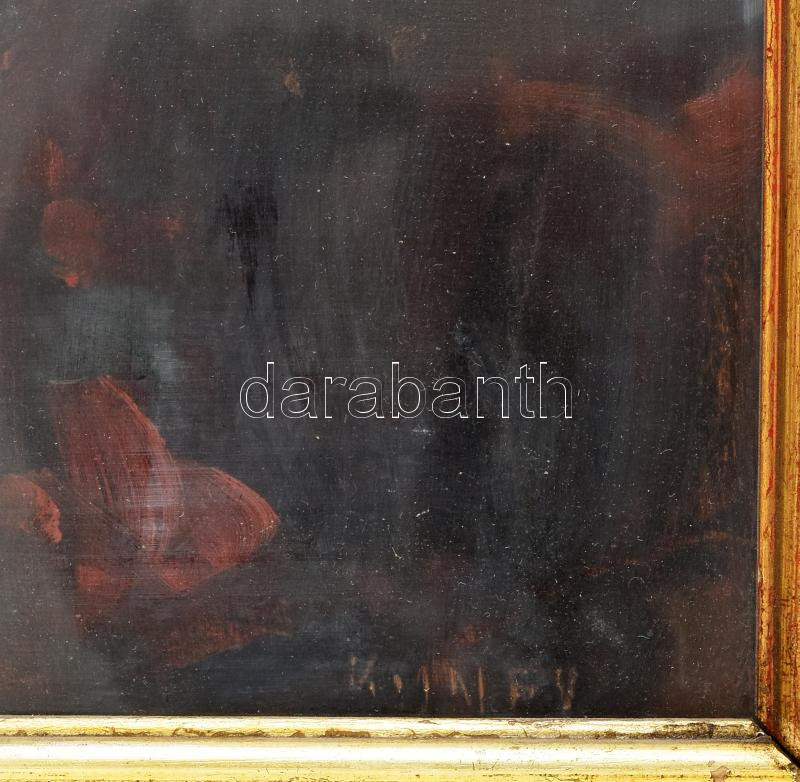 Kunffy Lajos (1869-1962): Szerelmespár. Olaj, fa, jelezve jobbra lent. Dekoratív, üvegezett, sérült fakeretben. 35×25 cm. Hátoldalán régi aukciós címkével (BÁV?). / oil on wood, signed. framed, with old auction label on the reverse - Image 2