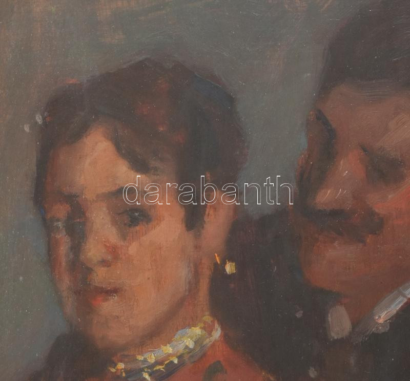 Kunffy Lajos (1869-1962): Szerelmespár. Olaj, fa, jelezve jobbra lent. Dekoratív, üvegezett, sérült fakeretben. 35×25 cm. Hátoldalán régi aukciós címkével (BÁV?). / oil on wood, signed. framed, with old auction label on the reverse - Image 4