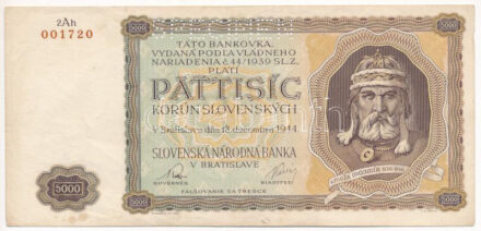 Szlovákia 1944. 5000K '2Ah 001720', 'SPECIMEN (MINTA)' perforációval T:F Slovakia 1944. 5000 Korun '2Ah 001720' with 'SPECIMEN' perforation C:F Krause P#14s
