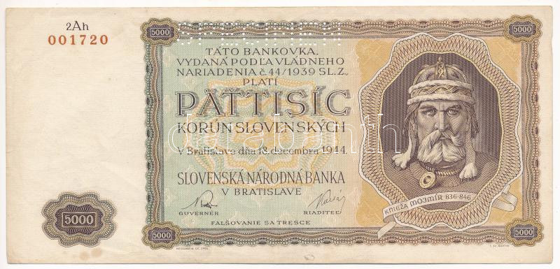 Szlovákia 1944. 5000K '2Ah 001720', 'SPECIMEN (MINTA)' perforációval T:F Slovakia 1944. 5000 Korun '2Ah 001720' with 'SPECIMEN' perforation C:F Krause P#14s