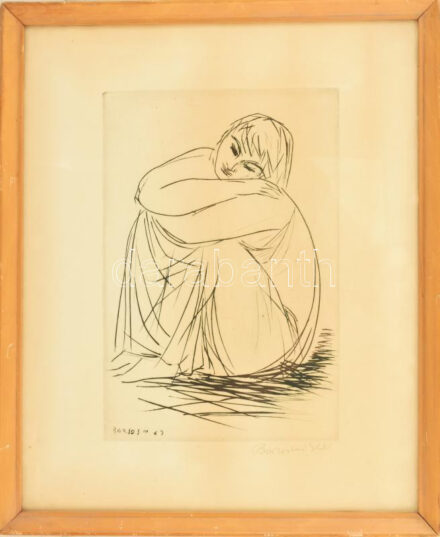 Borsos Miklós (1906-1990): Álmodozó. Rézkarc, papír, jelzett, üvegezett fakeretben, 29×20 cm