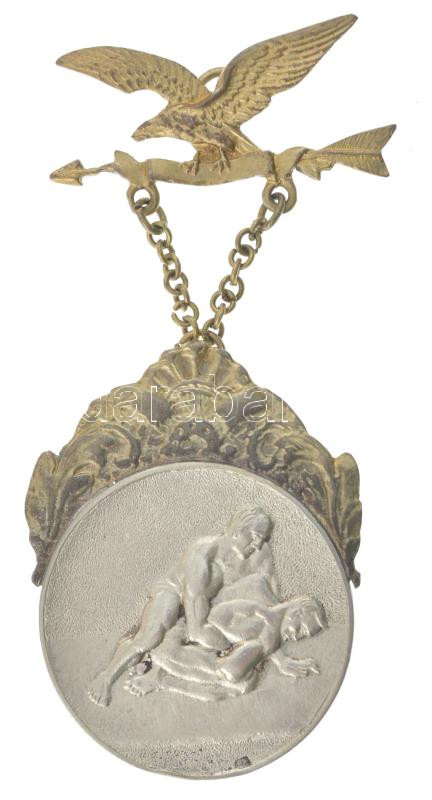 1936. ezüstözött bronz birkózó emlékérem sas rátéttel, hátoldalán 'Debrecen város bajnoksága 1936' (94x40mm) T:XF / Hungary 1936. silver plated bronze wrestling commemorative medallion with an eagle overlay, and with 'Debrecen város