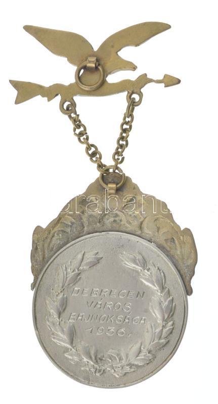 1936. ezüstözött bronz birkózó emlékérem sas rátéttel, hátoldalán 'Debrecen város bajnoksága 1936' (94x40mm) T:XF / Hungary 1936. silver plated bronze wrestling commemorative medallion with an eagle overlay, and with 'Debrecen város - Image 2
