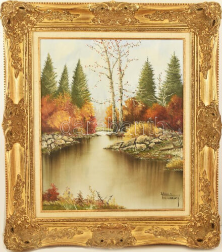 Juhász E Porubszky jelzéssel: Őszi táj. Olaj, vászon. Dekoratív, áttört fakeretben. 61x51 cm